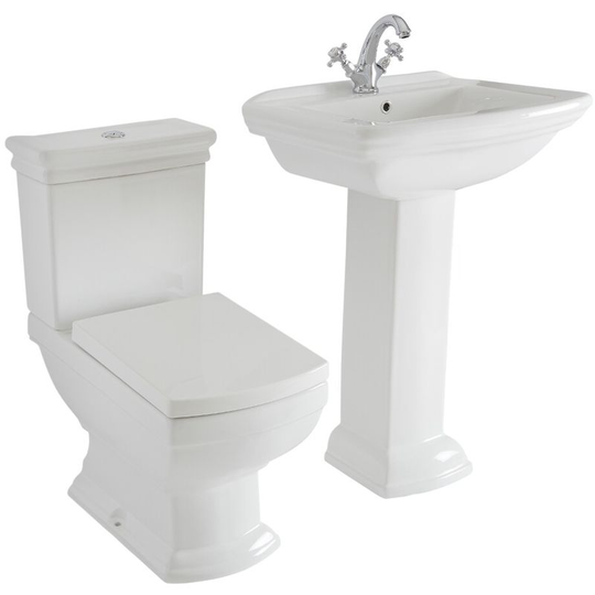 Milano - Sandringham - White Ceramic Traditional Close Coupled Toilet wc and Bathroom Basin Sink with Full Pedestal and One Tap Hole