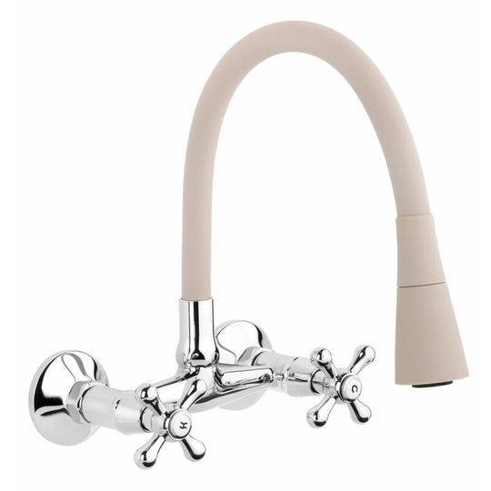 Beige Flexible Spout Chrome Kitchen Tap Wallmounted Faucet Cross Heads Mixer