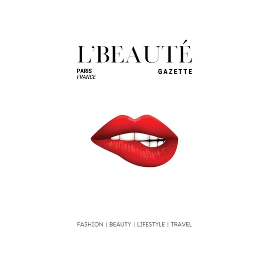 L'Beaute Beauty Magazine Cover with Red Lipstick on Bitten Lips by Design Harvest - Wrapped Canvas Advertisement