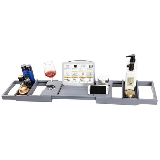 Superseller - Bathtub Caddy Tray Bamboo Spa Bathtub Caddy Organizer Book Wine Holder Nonslip Bottom Extendable Sides, Grey - Grey