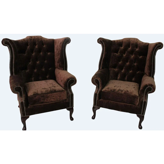 2 x Chesterfield Queen Anne High Back Wing Chairs Modena Dark Brown Velvet