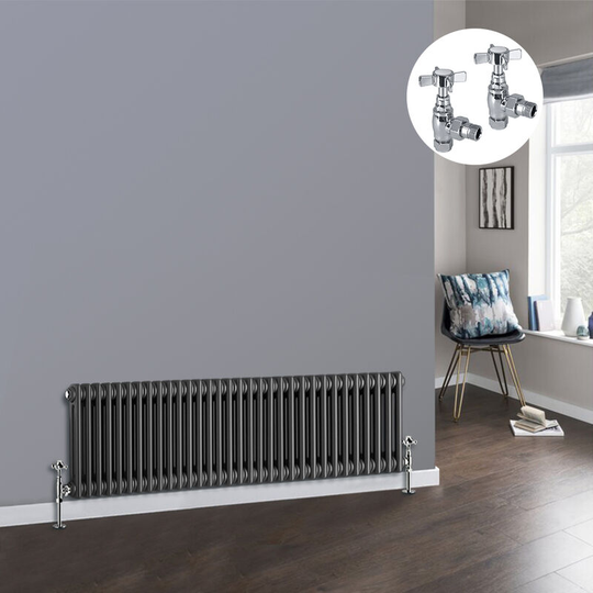 NRG - Anthracite 2 Column Traditional Cast Iron Style Radiator with Chrome Angled Cross Head Manual Valves Horizontal 300x1460mm