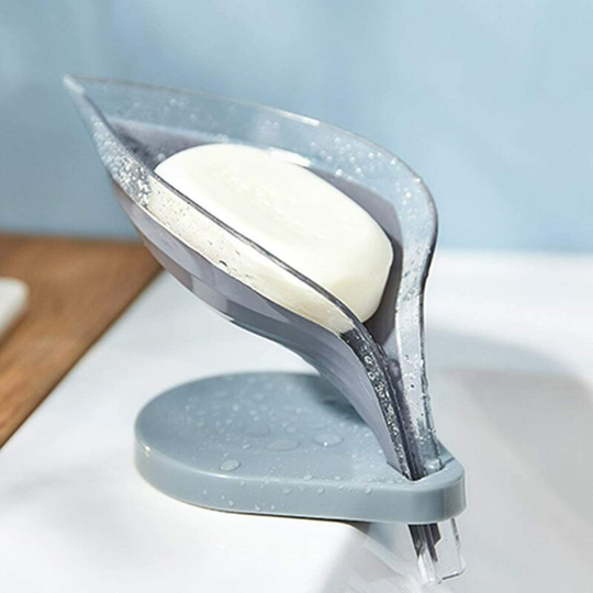 Bar Soap Holder Leaf Shape - Self Draining Soap Dish for Bar Soap, Decorative Plastic Soap Tray, Soap Box with Suction Cup for Shower Bathroom Ki-Gray
