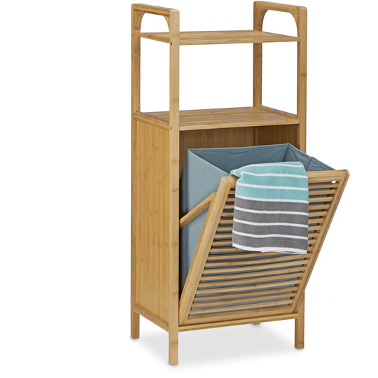 Relaxdays - Bamboo Bathroom Shelf with Laundry Basket, Total Size: 95 x 40 x 30 cm Bath Storage Solution with 2 Shelves for Accessories and Fold-Out