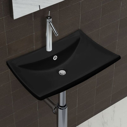 Devenirriche - Black Luxury Ceramic Basin Rectangular with Overflow & Faucet Hole - Black