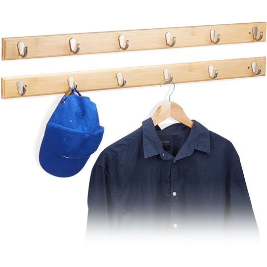 Relaxdays - Set of 2 Bamboo Wall Hook Bars, Wood Grain, Hallway Coat Rack, Towel Holder, 6 Hooks, 6 x 88 x 5 cm, Natural