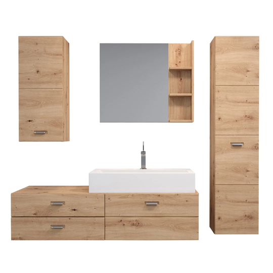 Geo bathroom furniture set in oak decor, cast mineral washbasin in white.