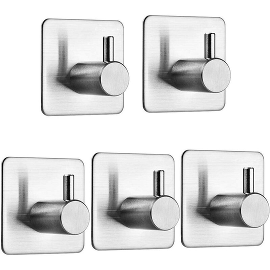 5 Pieces Adhesive Hook, Stainless Steel Bathroom Wall Hook, Waterproof and Oil-proof Self-adhesive Towel Holder for Kitchen, Living Room and Office