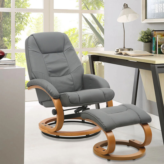 Pu Leather Swivel Reclining Office Armchair with Footstool, Grey - Livingandhome