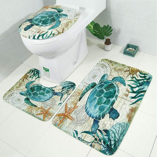 Bath Mat Soft Non-Slip Marine Animal Print 3 Pieces Bathroom Set Contour Rug wc Covers Toilet Seat Cover Sea Turtle