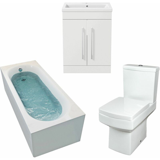 1600mm Bathroom Suite Single Ended Bath Toilet Vanity Unit Basin White Modern - White