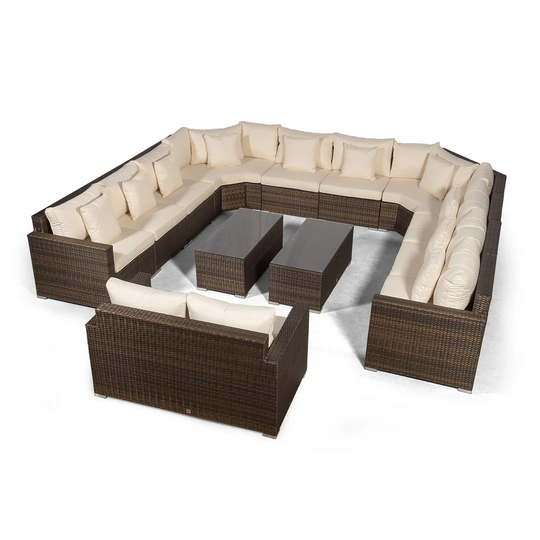 Villasenor Brown Rattan 10 Seat Sofa With 2 X Rectangle Coffee Table & 2 Seat Sofa, Outdoor Patio Garden Furniture