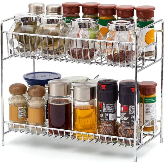 Perlerare - 2 Tier Steel Spice Rack, Spice Rack, Spice Rack, Storage Rack for Kitchen, Bathroom, Countertop - Silver
