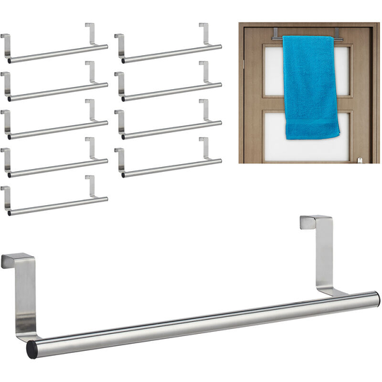 Relaxdays - Set of 10 Towel Holders for Doors & Closet, Hanging, Stainless Steel, Rail, Kitchen & Bathroom, Silver