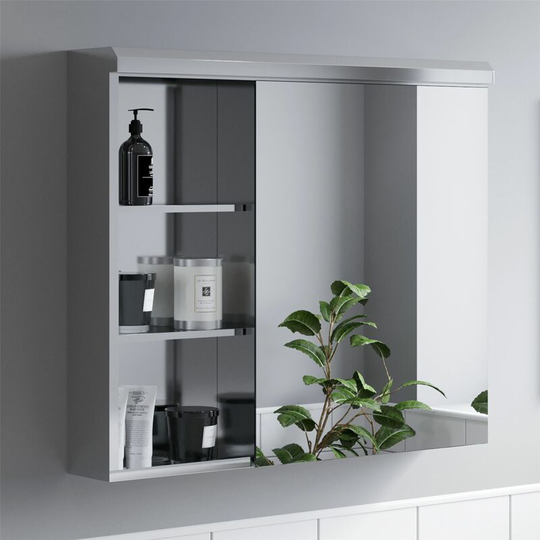 Bathroom Single Door Mirror Stainless Steel Open Shelf Modern Cabinet 700x600mm - Silver