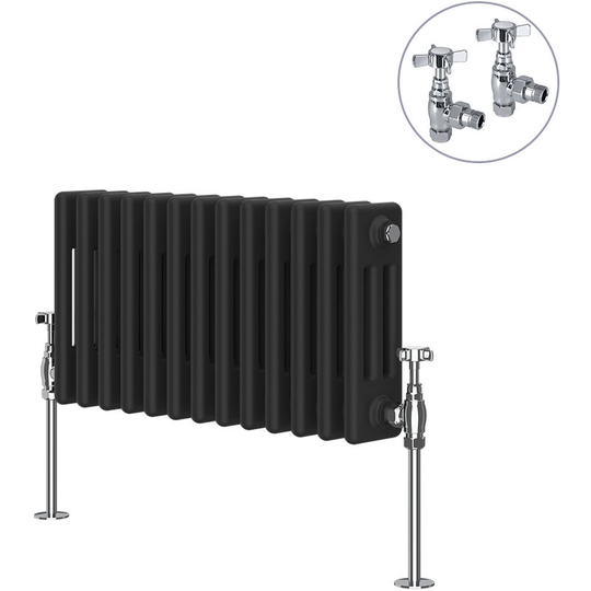 Black Traditional Cast Iron Style Radiator with Chrome Angled Cross Head Manual Valves Horizontal 3 Column 300x607mm