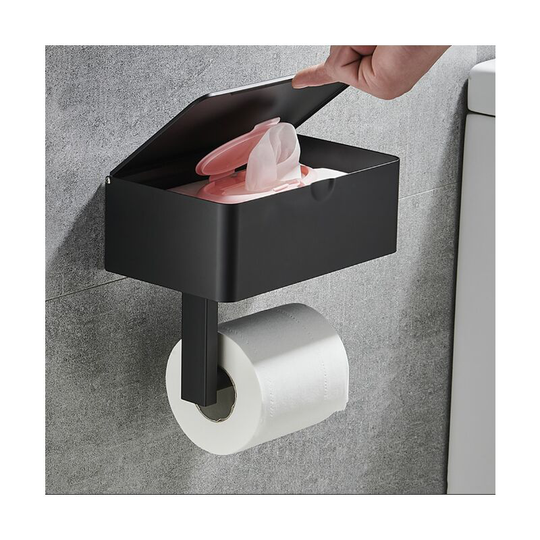 Toilet Paper Holder Wall Mount in Black - Stainless Steel Toilet Roll Holder with Spacious Shelves, Wall Mounted Toilet Paper Holder for Toilets and
