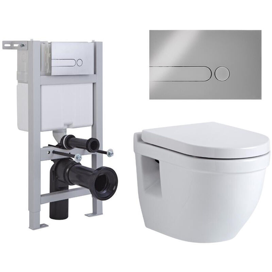 Milano - Newby - White Ceramic Modern Bathroom Wall Hung Round Toilet wc with Short Wall Frame, Dual Flush Cistern, Soft Close Seat and Dot Chrome