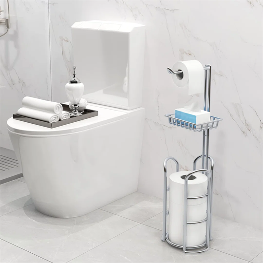Upgrade Toilet Paper Holder Stand, Chrome Freestanding Toilet Paper Roll Holders With Shelf, Bathroom Tissue Storage Rack
