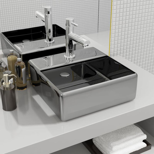 Wash Basin with Faucet Hole 38x30x11.5 cm Ceramic Silver VD05400 - Hommoo