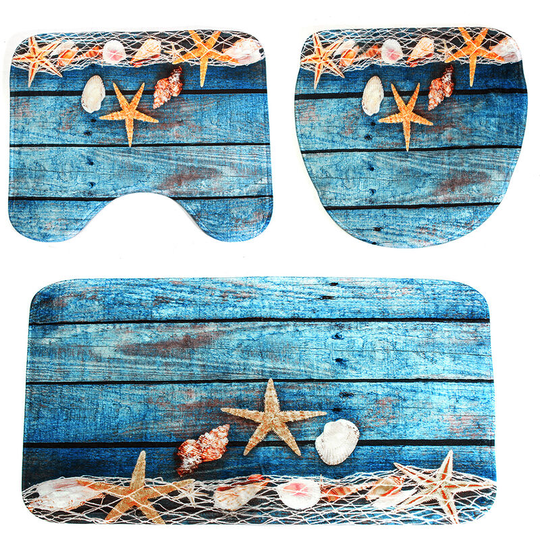 Blue Starfish Bathroom Non-Slip Pedestal Rug+Lid Toilet Cover+Bath Carpet Mat