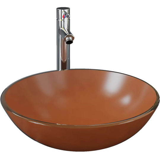 Bathroom Sink with Tap and Push Drain Brown Tempered Glass vidaXL - Brown
