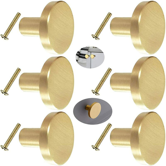Perlerare - Solid Brass Round Door Handle, 6 Cabinet Pulls, Round Brass Cabinet Door Handle with Cabinet Door Screws, 20mm x 28mm