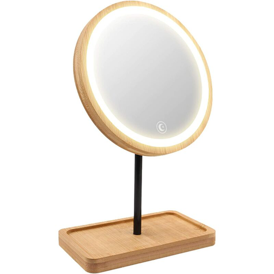 Lighted led Makeup Mirror Vanity Mirror with 3 Color Lights, Cordless usb Rechargeable Battery, 360° Rotation, Bamboo Wood Beauty Storage Tray,