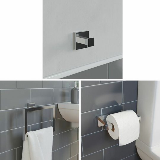 Bathroom Accessories Set Robe Hook Towel Ring Toilet Roll Holder Chrome Square - Silver