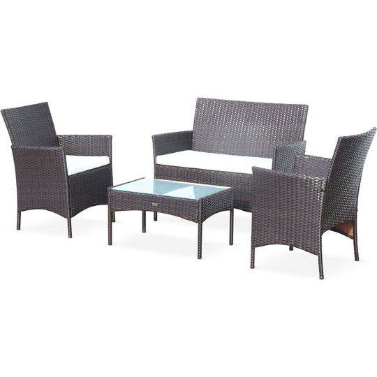 Rattan garden set - Moltès - Brown, Off-white cushions - 4-seater - 1 sofa, 2 armchairs and 1 coffee table - Brown