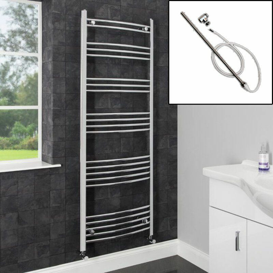 Dual Fuel Heated Towel Rail Chrome Designer Curved Manual Electric 1600 x 600mm - Silver