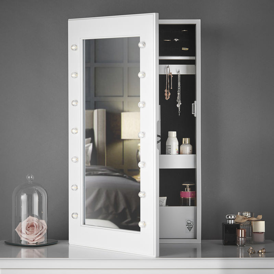 Katie - Wall Mounted/Tabletop Jewellery Mirror Cabinet with led Lights Shelves Makeup Storage Organiser White Bedroom Furniture - White