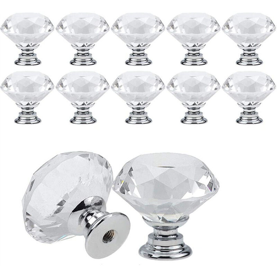 10Pcs 30mm Diamond Crystal Knob Handles, Cabinet Drawer Cabinet Door Knob with Screws (Silver)