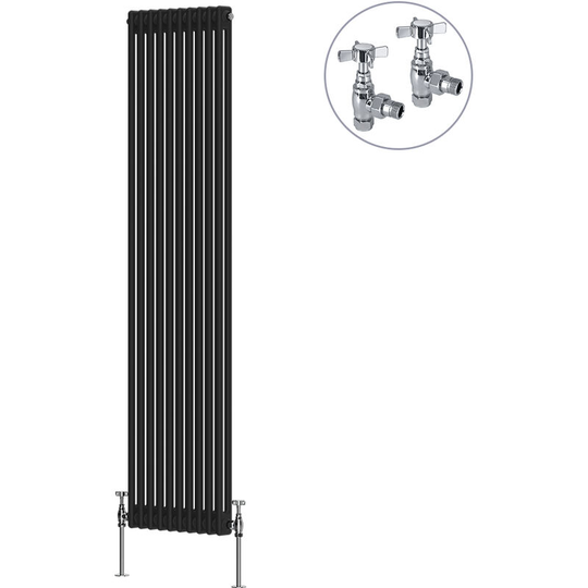 NRG - Black Traditional Cast Iron Style Radiator with Chrome Angled Cross Head Manual Valves Vertical 2 Column 1800x470mm