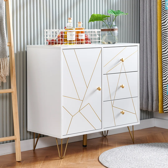 Cupboard Storage Sideboard With 1 Door 3 Drawers Golden Strip Decoration Metal Button Legs For Living Room Dining Room Kitchen