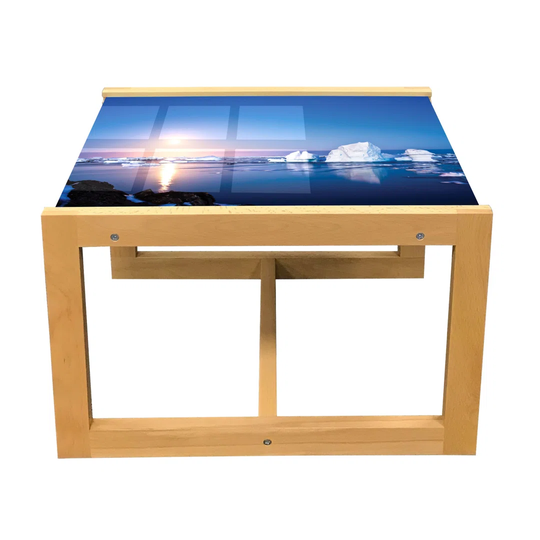 Landscape Coffee Table, Nighttime At Antarctica Icebergs Summer Season Pastel Horizon Polar Pole, Acrylic Glass Center Table With Wooden Frame For Off