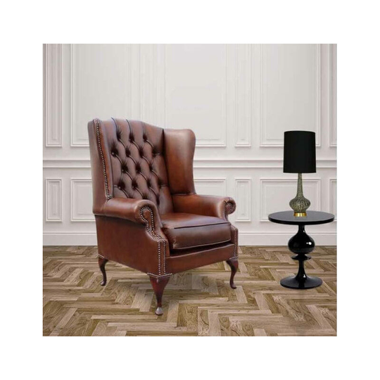 Designersofas4u - Chesterfield Prince's Mallory Flat Wing Queen Anne High Back Wing Chair uk Manufactured Antique Tan Leather