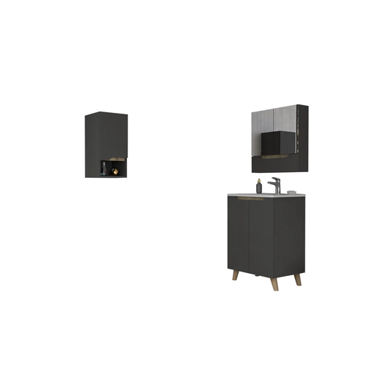 Set Laurent, Wall Cabinet With Mirror + Floor Standing Bathroom Vanity With Sink + Hanging Cabinet