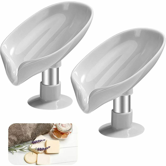 Suction Cup Soap Dish 2 Pcs Gray Leaf Shaped Soap Dish Plastic Sponge Soap Dish,Soap Box with Drainage,Suitable for Countertop, Shower, BR-Life