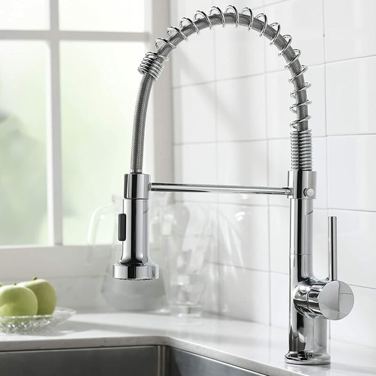 Kitchen faucet with 360° swivel spray and spiral spring for chrome kitchen sink