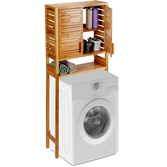 Bamboo Washer Storage Rack, Freestanding Bathroom Shelf, Slatted Doors, 3 Tiers, hwd 164 x 66 x 26 cm, Natural - Relaxdays