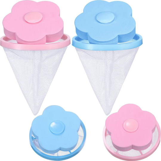 Household Reusable Washing Machine Fluffy Mesh Bag Hair Filter Mesh Bag 4 Pieces (Blue and Pink)
