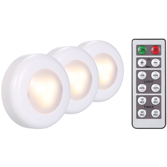 3-Piece LED round cabinet light with remote control, dimmable timing