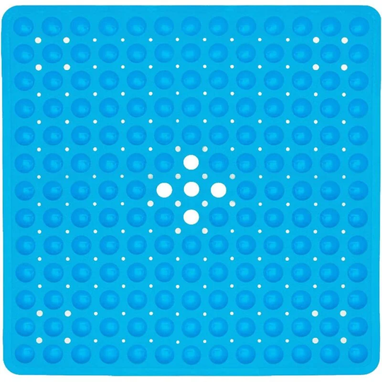 21 x 21 In Shower Mat for Bathtub, Non-Slip with Drain Holes Machine Washable, Blue