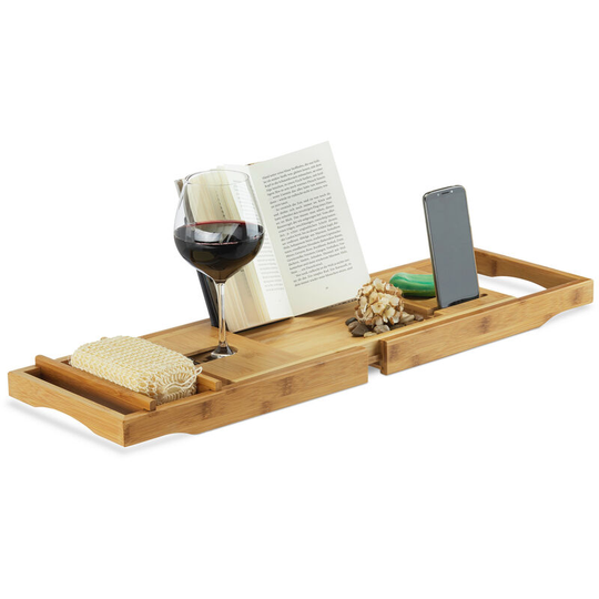Bamboo Bathtub Caddy, Wooden Bathroom Rack with Bookstand, Extendable, hwd: 19 x 107.5 x 23 cm, Natural - Relaxdays