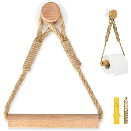 Self Adhesive Toilet Roll Holder, Bathroom Paper Holder Toilet Roll Holder Wooden Rope Ring