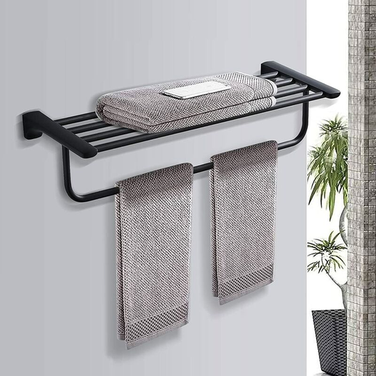 Modou - Black Wall Mounted Bathroom Towel Rack, Towel Racks, Bathroom Towel Rack or Kitchen Wall Mounted Bathroom Shelf, Stainless Steel (60cm)