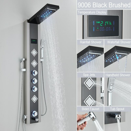 Shower Set led Shower Panel Digital Display Hydromassage Shower Column, with Shower Head, Hand Shower, Massage Jets, Bath Faucet, Bidet Sprayer,Black