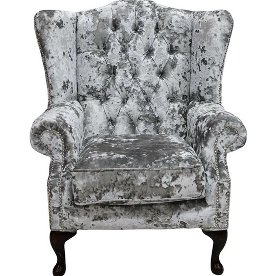 Chesterfield Velvet Mallory Queen Anne High Back Wing Chair Lustro Argent