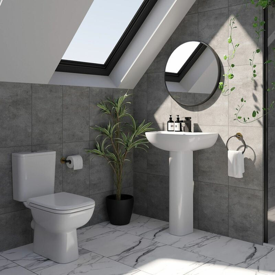 Bathroom Cloakroom Suite Close Coupled Toilet Basin Full Pedestal White Modern - White